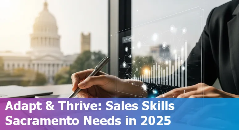 Salesperson using AI tools on laptop in Sacramento, California skyline visible — 2025 guide