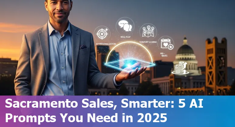 Sales professional in Sacramento using AI prompts on a laptop, skyline of Sacramento in background.
