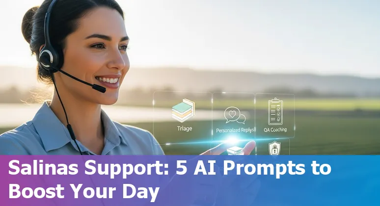 Customer service agent in Salinas using AI prompts on a laptop, bilingual Spanish-English support displayed on screen.