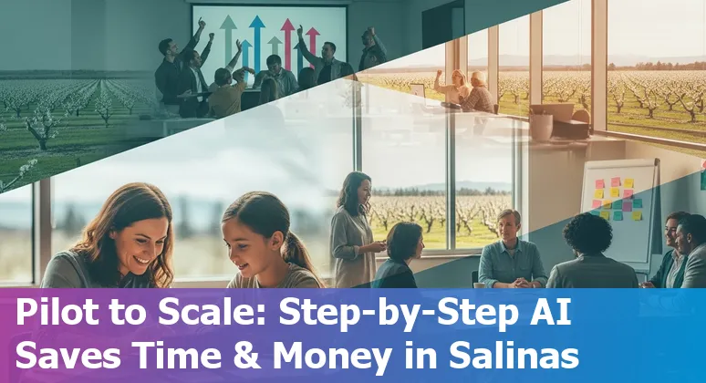 Salinas, CA educators and students using AI tools on laptops with AgTech hub and Monterey hills in background