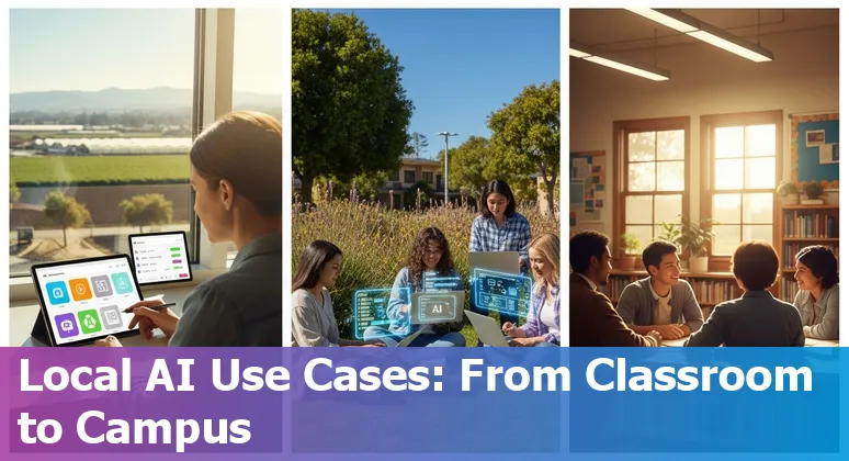 Students and teacher using AI tools in a Salinas classroom with bilingual signage and a map of Monterey County.