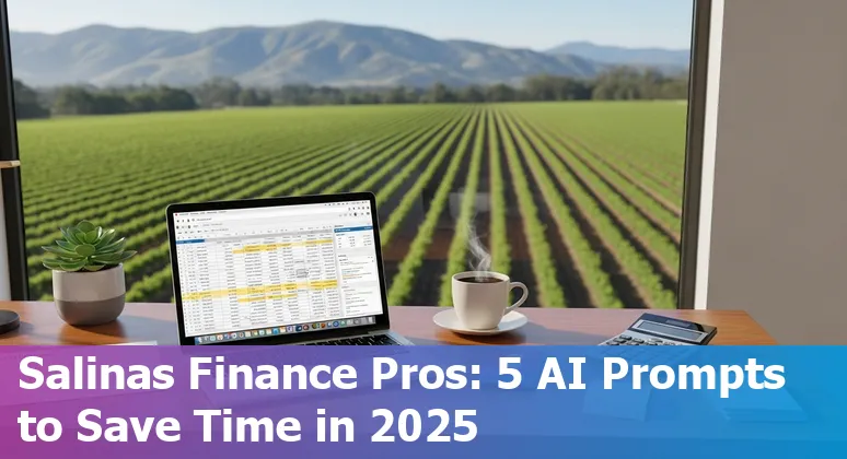 Finance professional using AI prompts on laptop with Salinas farmland in the background