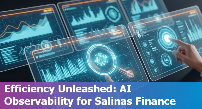 Financial services team in Salinas, California, US reviewing AI-driven observability dashboard and cost savings metrics