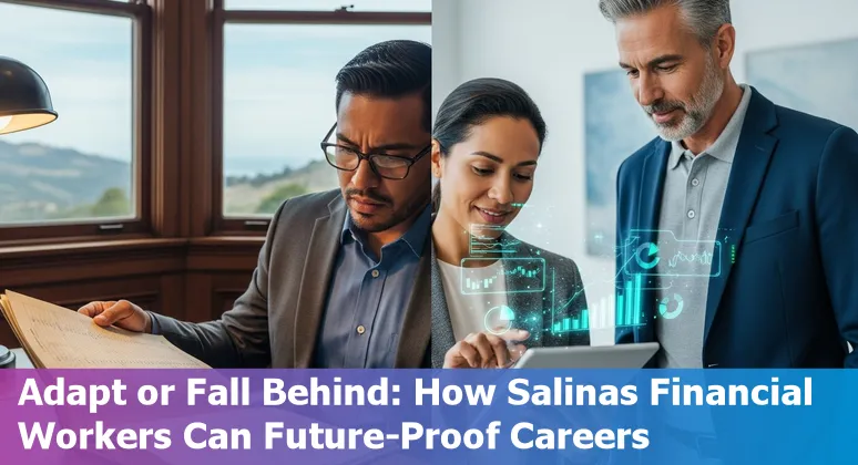 Salinas financial workers learning AI skills with icons for banking, underwriting, customer service, and data analysis.