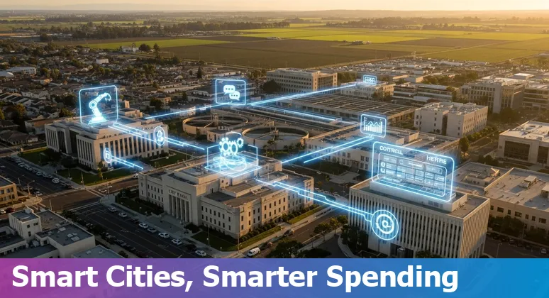 City of Salinas, California, US city hall with AI tech overlay showing AIOps, RPA, and predictive maintenance icons.