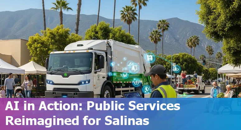 City of Salinas employees using AI tools on laptops with bilingual citizen assistance examples on screen