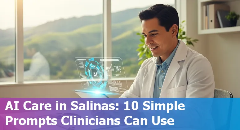 Healthcare worker using AI tools on a tablet with Salinas clinic in the background