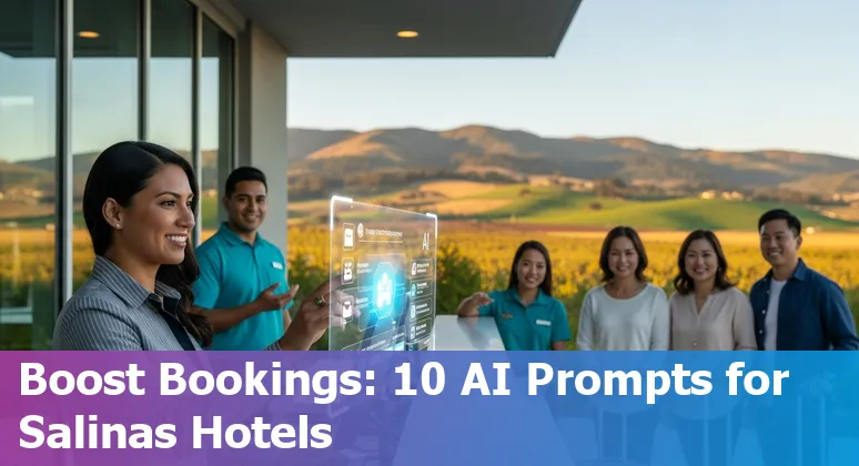 Hotel front desk in Salinas with icons for AI chatbots, pricing graphs, inventory and compliance checklist