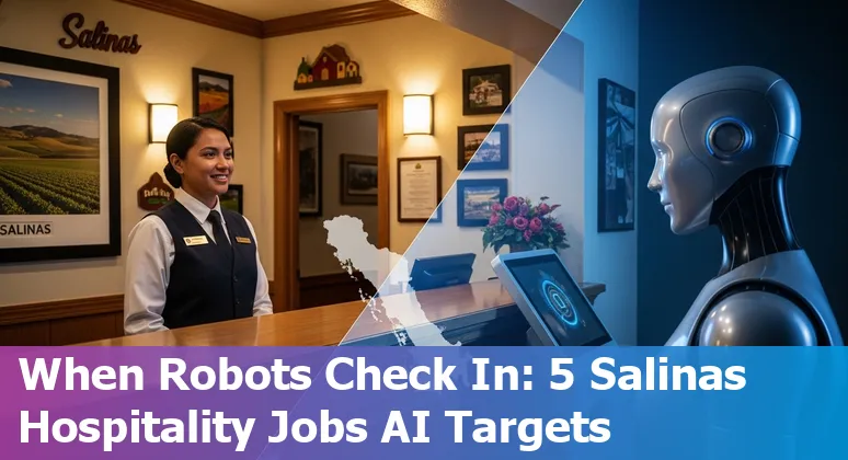 Hotel front desk, housekeeping robot, and an accountant using AI tools in Salinas hospitality setting.