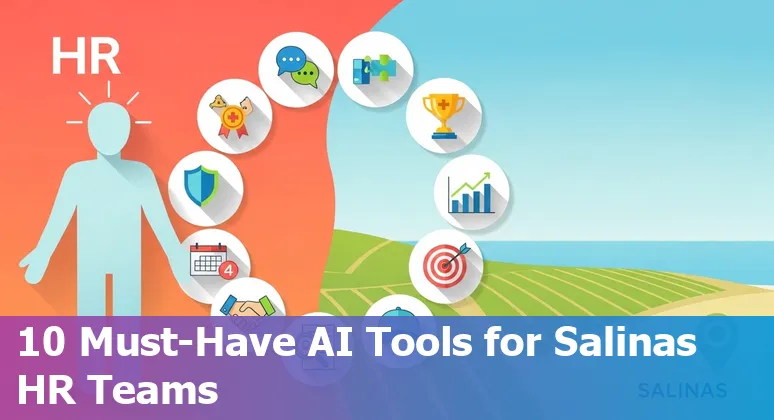 Collage of AI icons and HR activities: recruiting, people analytics, mental health, learning — labeled with top HR AI tool names.