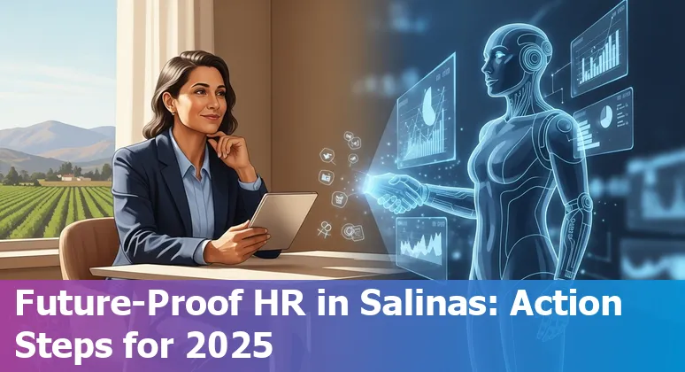 Illustration of AI and HR teamwork in Salinas, California — farm and city skyline with recruiters and job seekers.