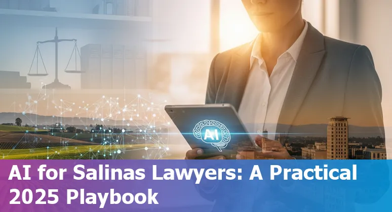 Legal professional using AI tools on a laptop in Salinas, California with courthouse in background