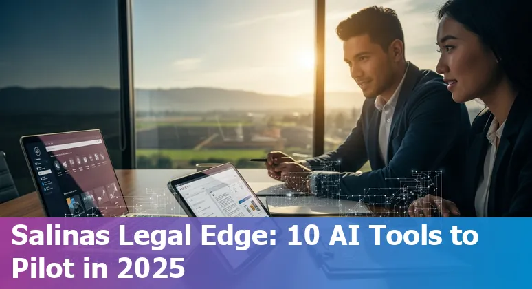 Lawyer using AI tools on laptop with Salinas, California courthouse in background.