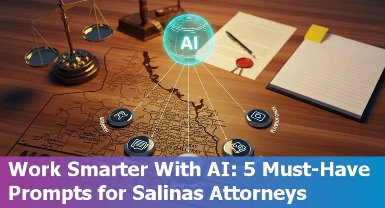 Salinas legal professional using AI on a laptop with contracts, case files, and a prompt template visible on screen.