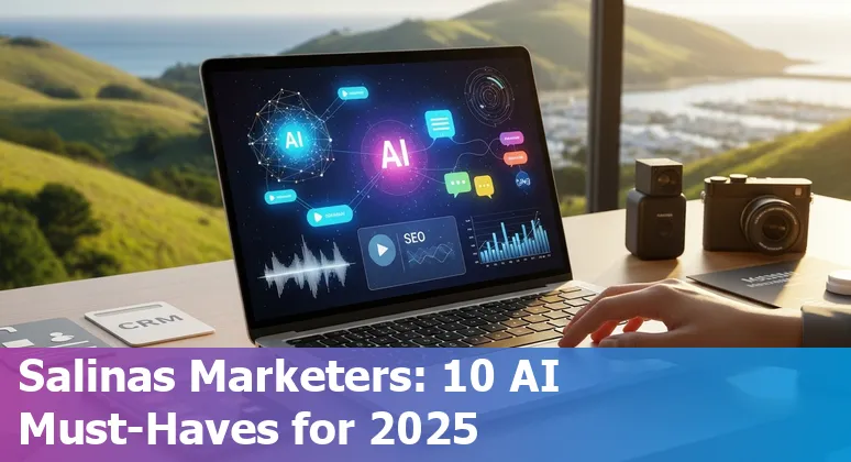 Collage of AI marketing tools logos with Salinas landmarks and marketing icons