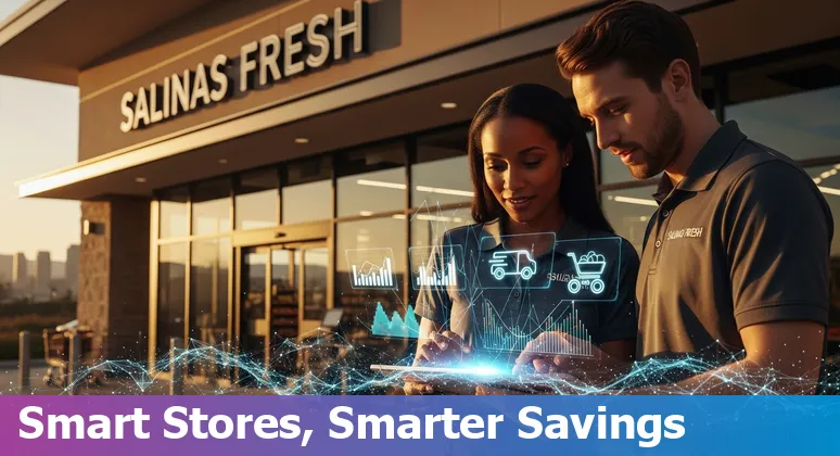 Retail store using AI tools in Salinas, California, US — cashierless checkout, smart shelves and delivery route map
