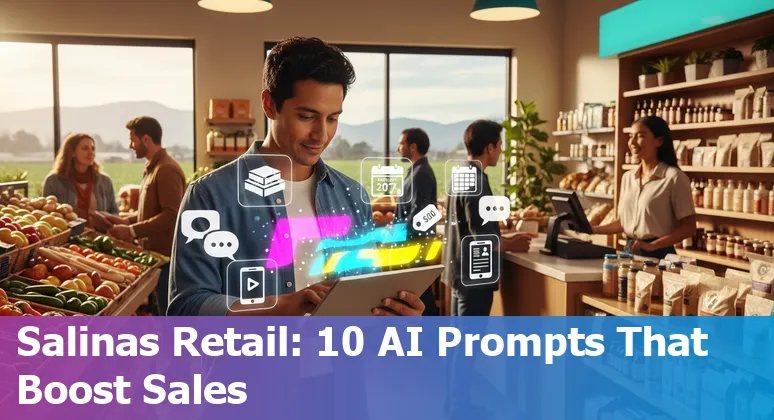 Retail storefront in Salinas with signage, farmers market produce, and a laptop showing AI-generated prompts