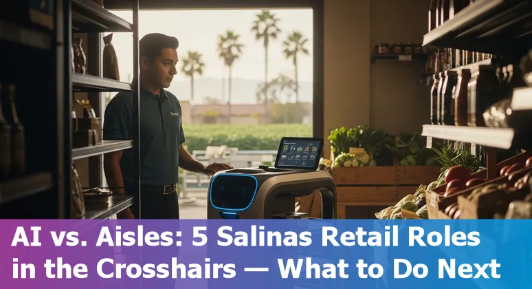 Salinas retail worker using AI tools in a store — tablets, chatbot dashboard, and in-store analytics screen.