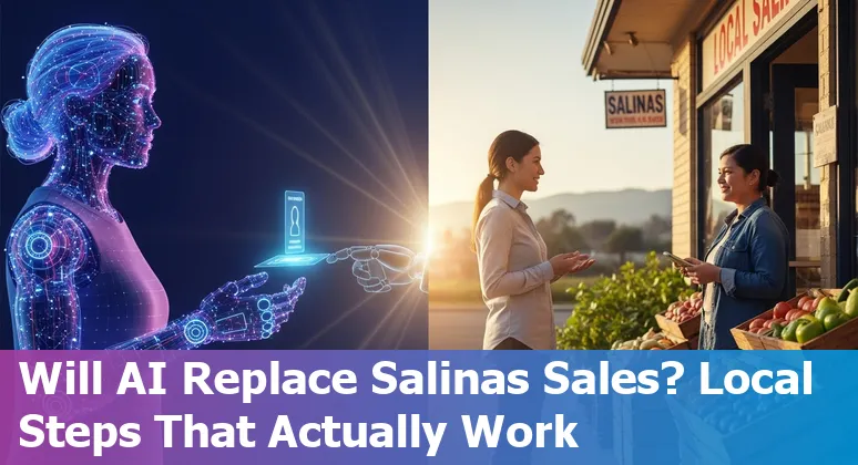 Sales rep using AI tools in Salinas, California — laptop with CRM and charts, downtown Salinas in background