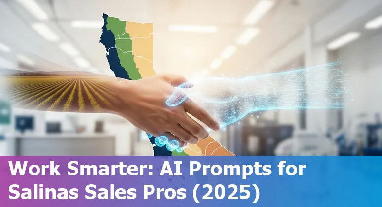 Salesperson using AI prompts on laptop with Salinas farmland in background