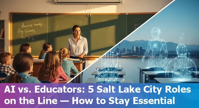 Teacher using AI tools on a laptop in a Salt Lake City classroom, with the city skyline in the background.