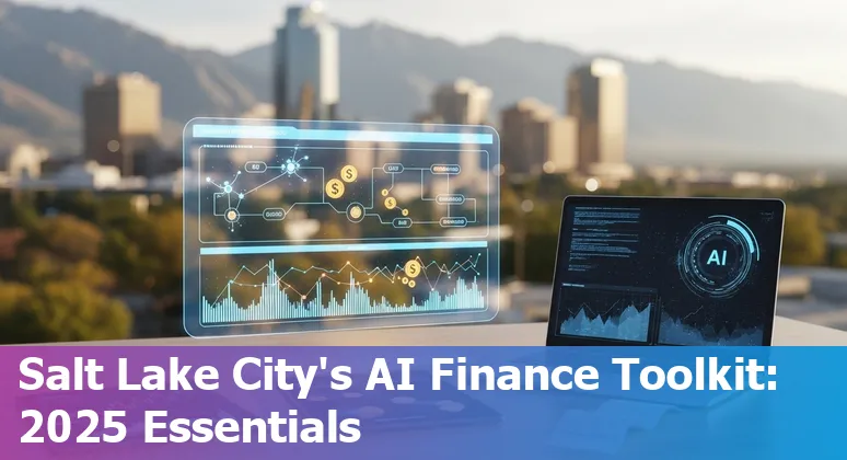Collage of AI finance tools logos including Workday, Brex, QuickBooks, Anaplan, and desktop showing financial dashboards in Salt Lake City skyline.