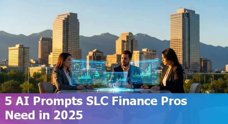 Finance professional using AI prompts on a laptop with Salt Lake City skyline in background