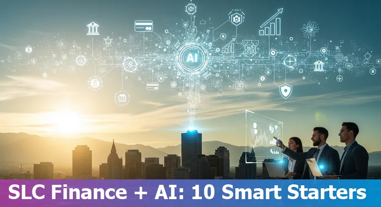 Financial services professionals in Salt Lake City reviewing AI use case prompts on a laptop with city skyline in background.