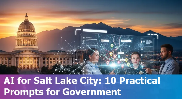 Salt Lake City skyline with icons for traffic, chatbot, data, and emergency services representing AI use cases for city government