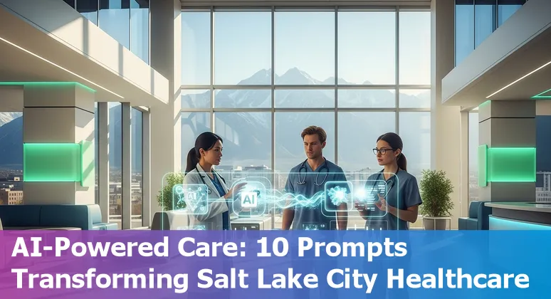 Clinician using AI-assisted clinical documentation on a tablet with Salt Lake City skyline in background