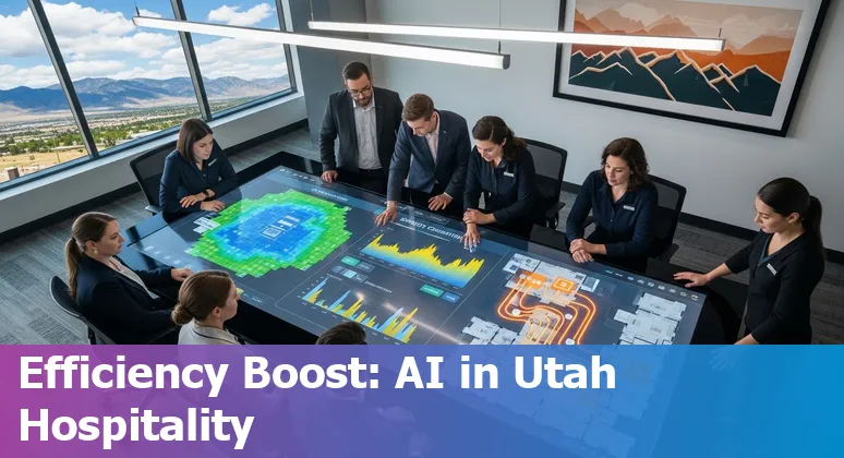 Hotel lobby with AI-driven kiosk and staff interacting in Salt Lake City, Utah