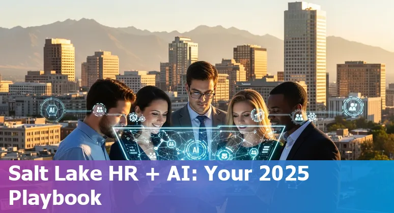 HR professional using AI tools in an office with Salt Lake City, Utah skyline visible, referencing Employers Council Utah