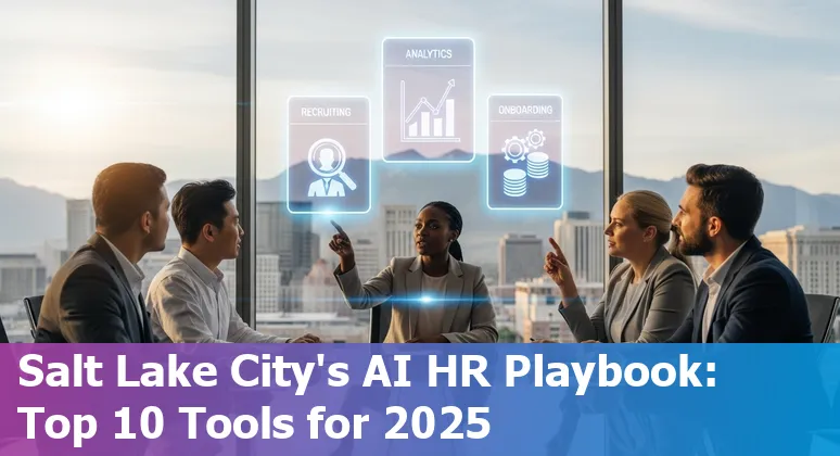 HR professional using AI tools dashboard for hiring and engagement in an office with Salt Lake City skyline.