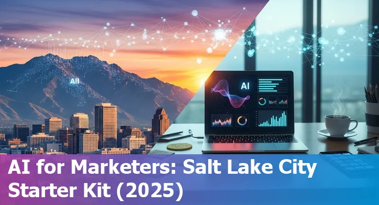 Marketing professional using AI tools with a Salt Lake City, Utah skyline backdrop in 2025