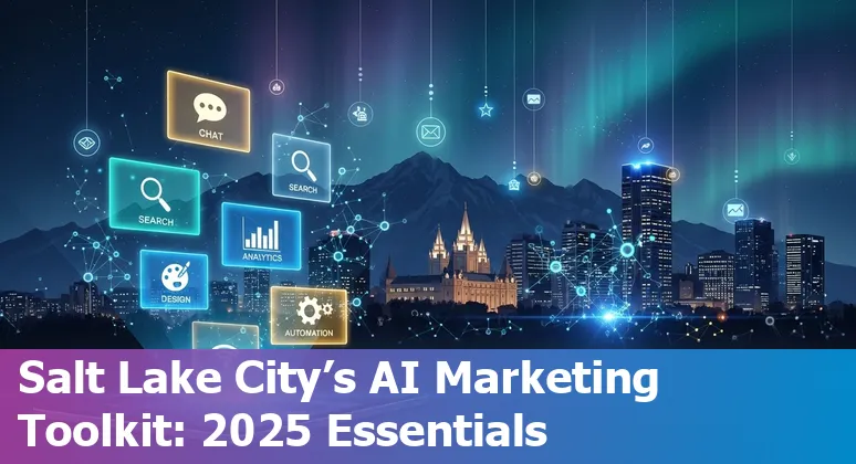 Collage of AI tools logos (Claude, ChatGPT, Perplexity, DeepSeek, Zapier, NeuronWriter, Grammarly, Canva, ProductHero, Workday) with Salt Lake City skyline.