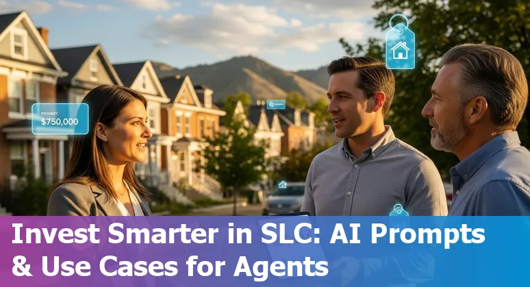 Agent using AI prompts on a laptop to analyze Salt Lake City real estate listings with neighborhood map in background