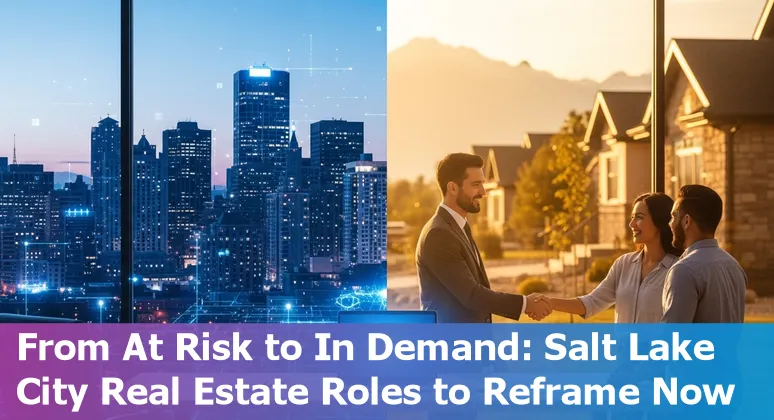 Salt Lake City skyline with business icons for real estate jobs and AI automation overlay