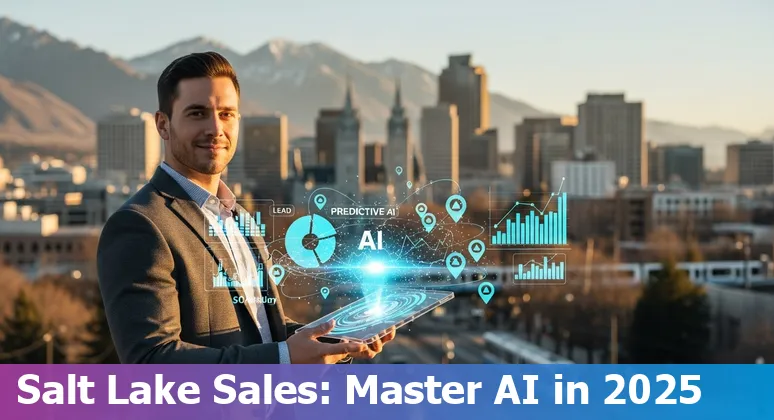 Sales professional using AI tools on a laptop with Salt Lake City, Utah skyline in the background