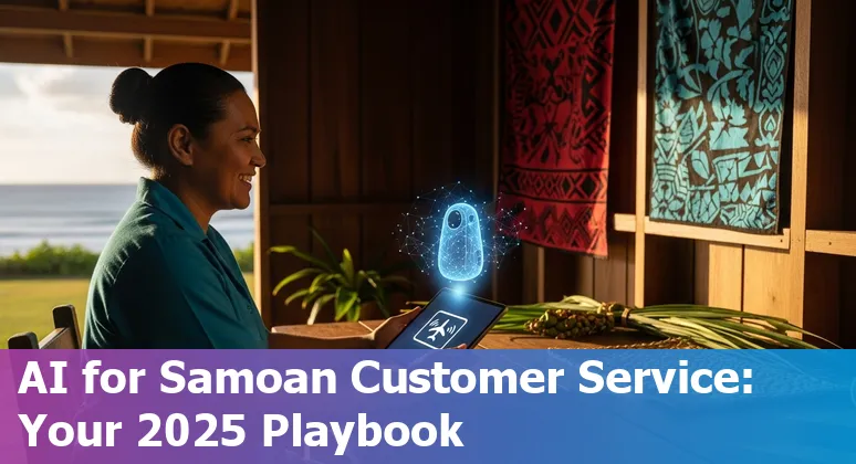 Customer service professional using AI tools with Samoa island backdrop, showing Samoa-specific emergency and payment icons