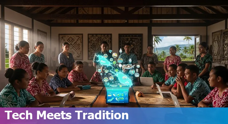 Illustration of AI in a Samoa classroom with students, teacher, and digital devices in Samoa