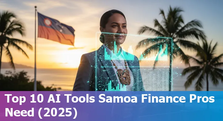 Finance professional in Samoa reviewing AI tool dashboards on a laptop with Samoan flag in the background.