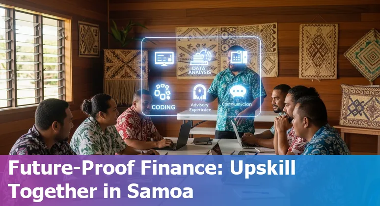 Samoa 2025 illustration: Samoan finance team using AI tools and dashboards while collaborating in an office in Samoa