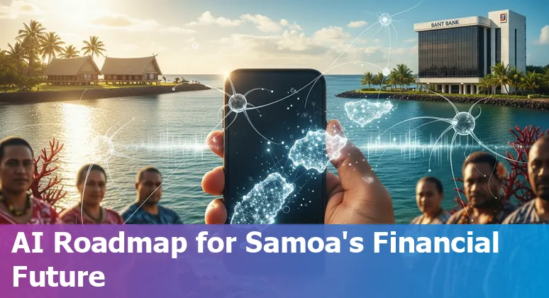 Graphic depicting AI in Samoa's financial services: banks, mobile payments, remittances and a Samoan map