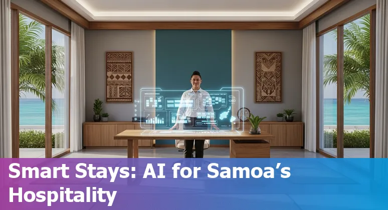 AI for hospitality in Samoa 2025 — hotel staff using AI dashboards and Samoan island resort in background