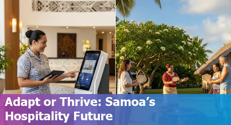 Samoa hotel staff at front desk with digital kiosk and cleaning equipment, showing human and tech interaction
