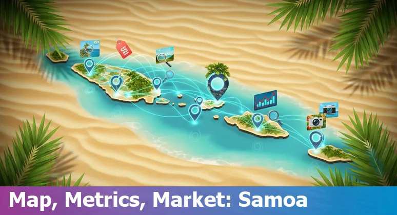 Samoa coastline overlaid with real estate data icons and AI network graphics