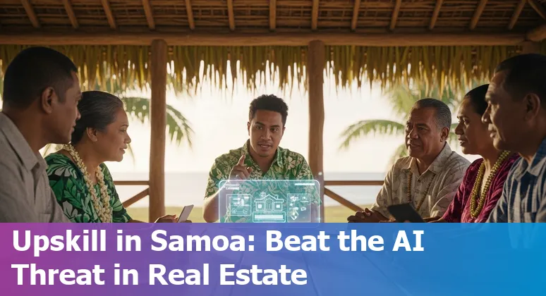 Samoa real estate agent using a laptop with AI icons overlay, with a Samoan village and coastline in the background