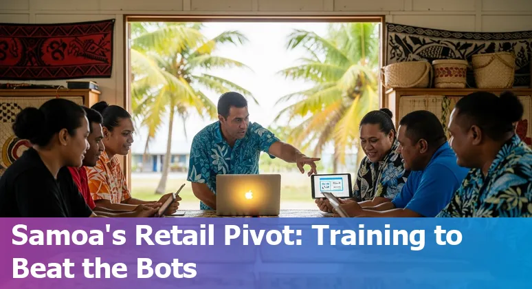 Samoan shopkeeper using a tablet alongside customers with a sign saying 'AI and Retail: Adapting Together'