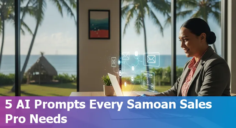 Samoan sales professional using AI prompts on a laptop with Apia skyline in the background