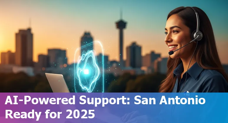 Customer service agent using AI tools in San Antonio, TX skyline in background